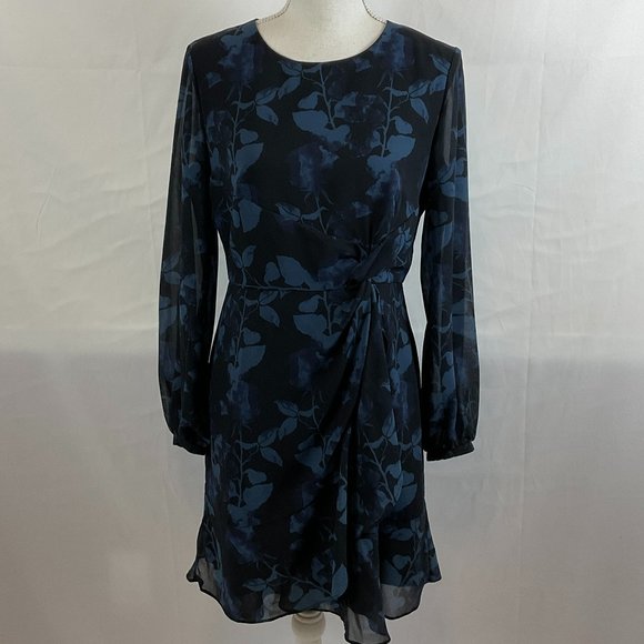 Hutch Dresses & Skirts - Hutch Dress 6 Blue Black Leaf Print Long Semi-Sheer Sleeve Drape Detail